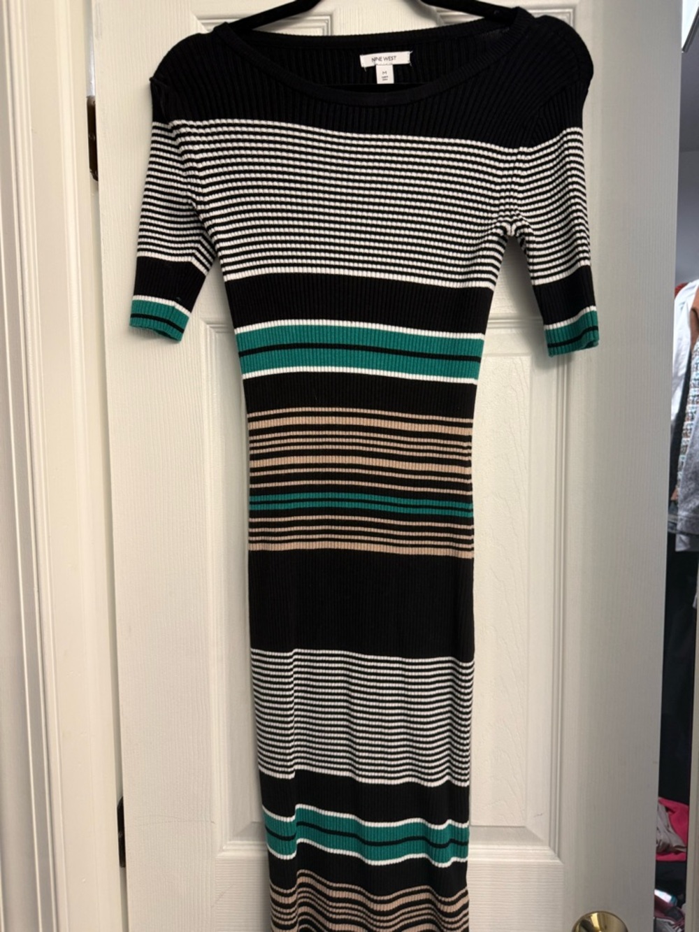 Nine West Black, White, Teal and Tan Striped Knit Midi Dress